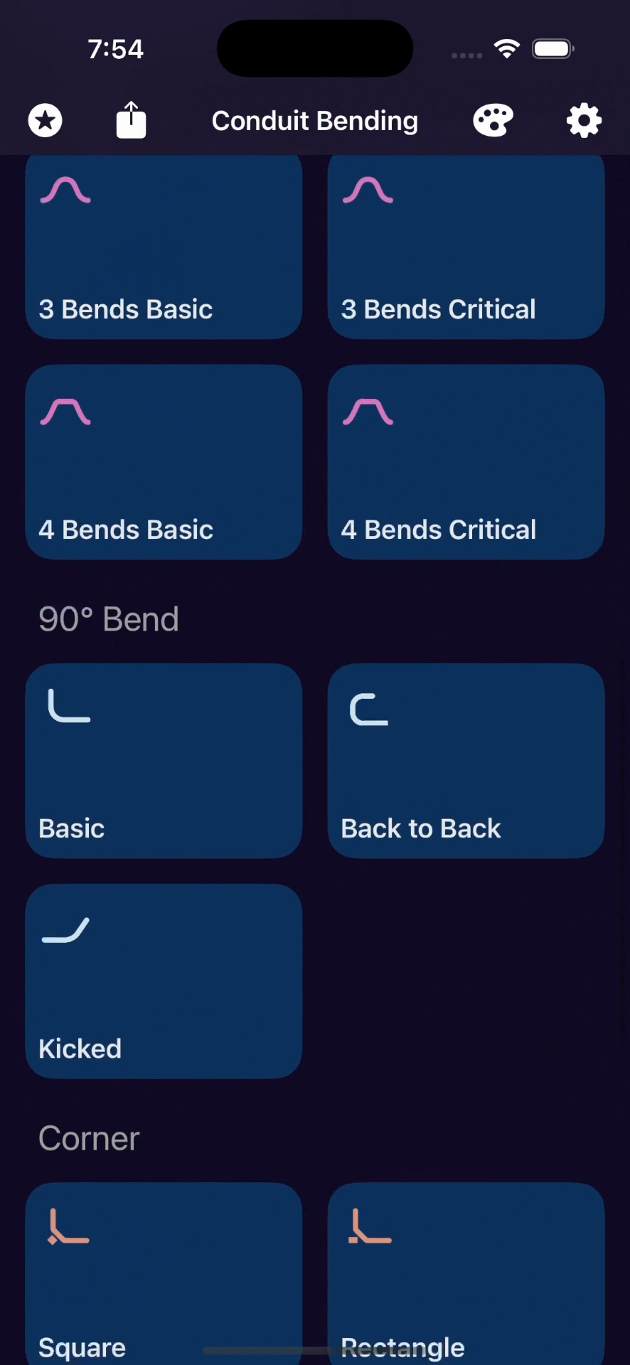Conduit Bending app showing 90-degree bend types including basic, back-to-back, and kicked