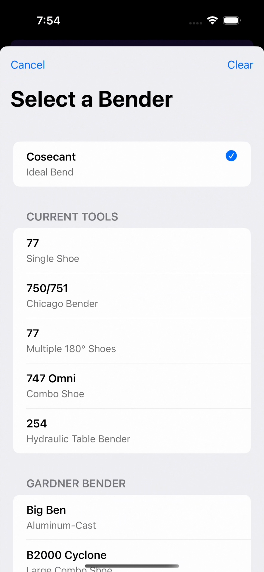 Conduit Bending app bender selection screen showing Ideal, Klein, Milwaukee, and Gardner Bender tools