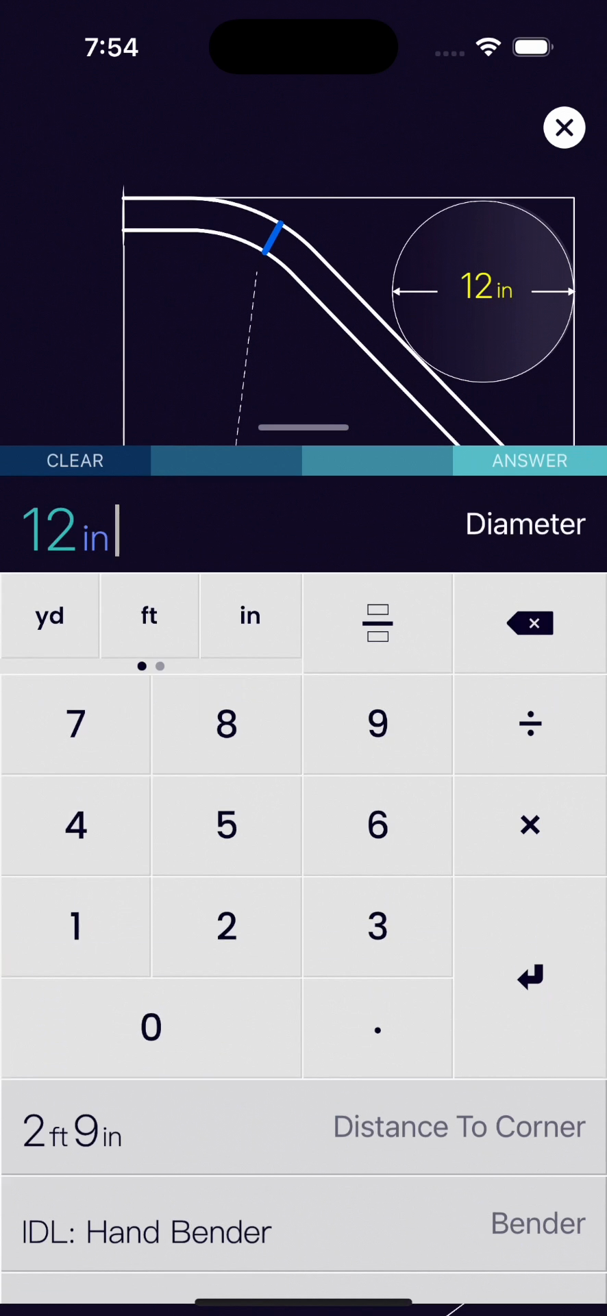 Conduit Bending app measurement keyboard with yard, feet, and inch unit toggle for dual-unit input