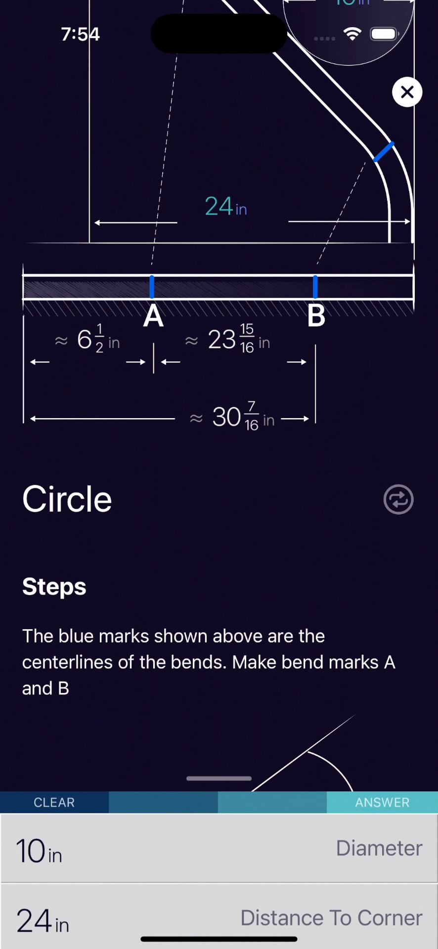 Conduit Bending app showing precise fraction results with bend marks in feet-inch-fraction format