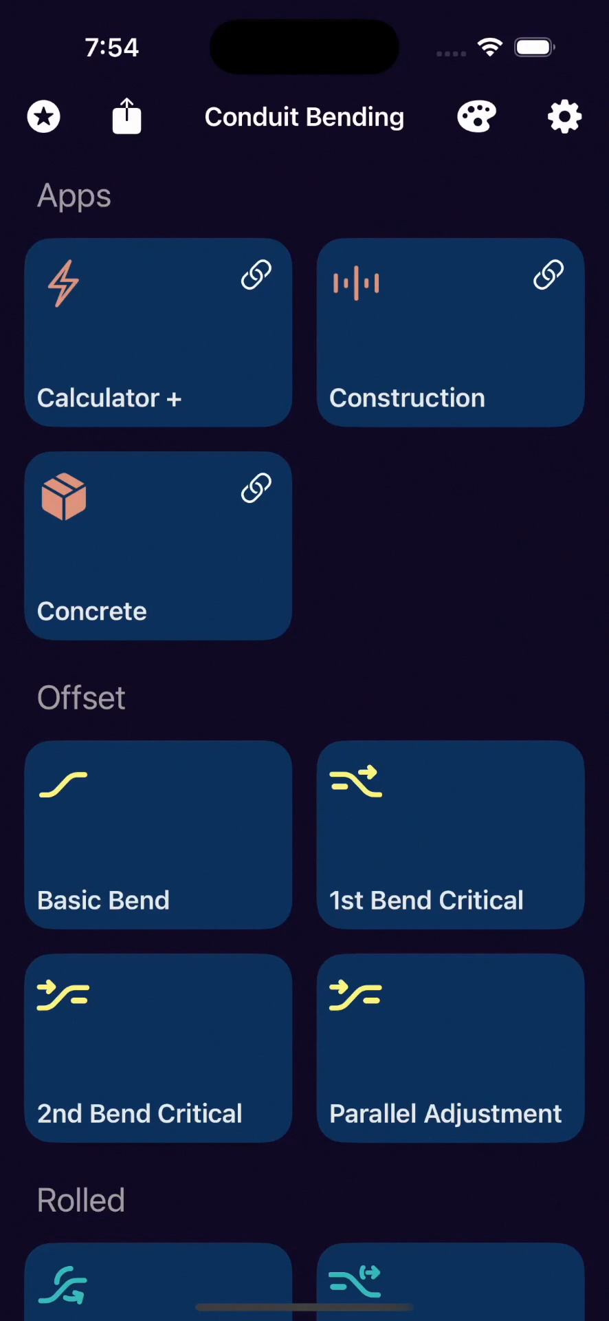 Conduit Bending app showing offset bend calculation with angle, travel, and shrink values