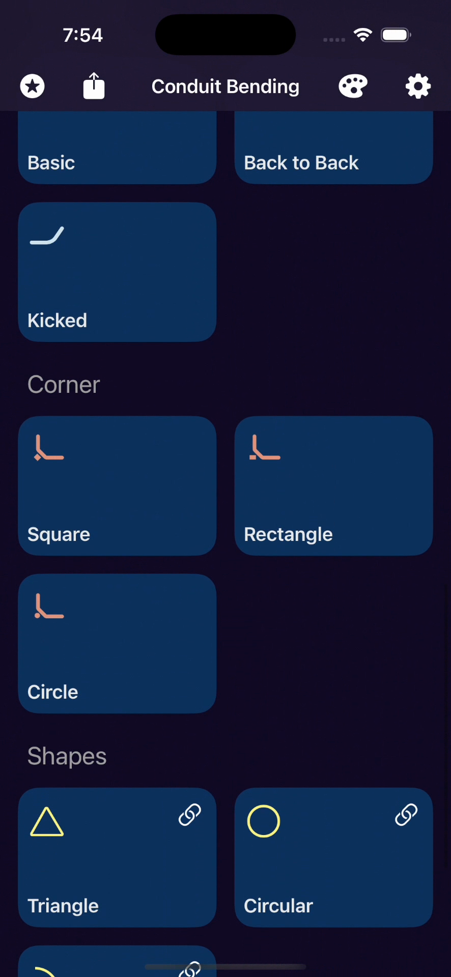 Conduit Bending app showing corner bends and shape calculators for advanced conduit routing