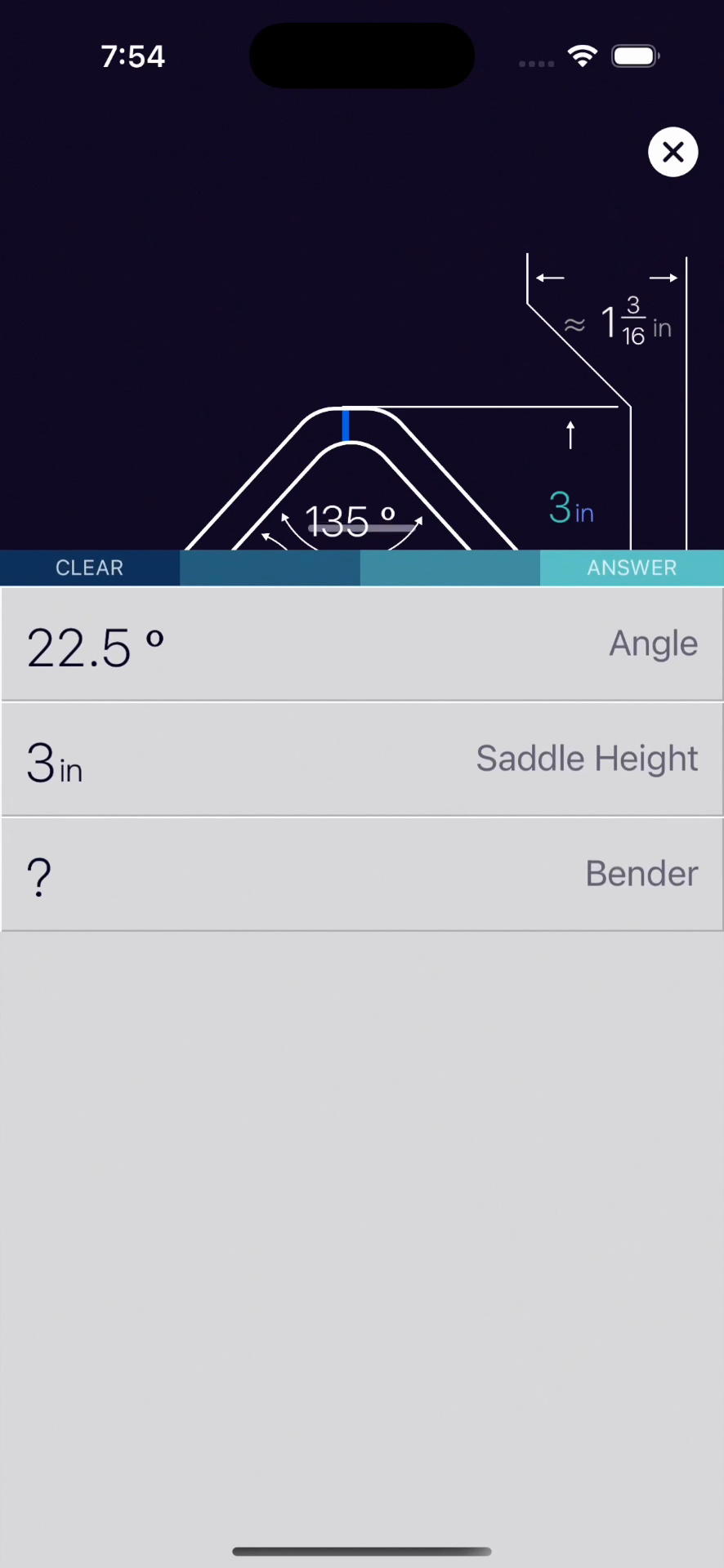 Conduit Bending app showing 3-point saddle bend calculation with diagram and mark positions